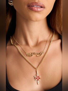 Ed Hardy Gold Layered Nameplate Necklace with Red Rose Dagger Pendant
